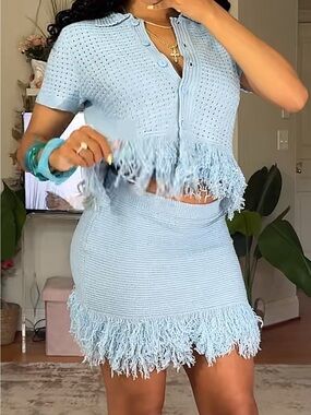 Light Blue Fringe Knit Mini Skirt set